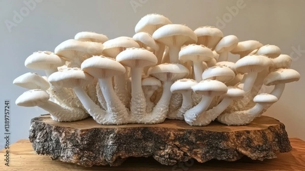 Obraz White champignons wooden board. Generative AI