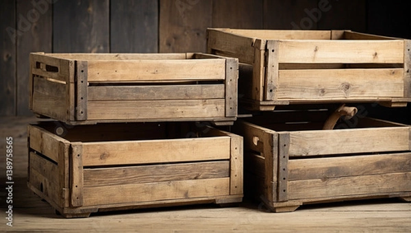Fototapeta Rustic Old Weathered Wooden Crate Boxes Ideal for Storage and Decoration