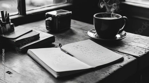 Obraz A writer alone in a caf e absorbed in their notebook.