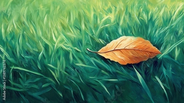 Obraz Withered leaf, green grass. Generative AI