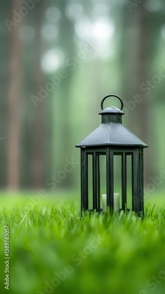 Fototapeta A black lantern stands on lush green grass, illuminated by a candle inside. Surrounding pine trees create a tranquil atmosphere on a foggy morning, enhancing the peaceful nature scene