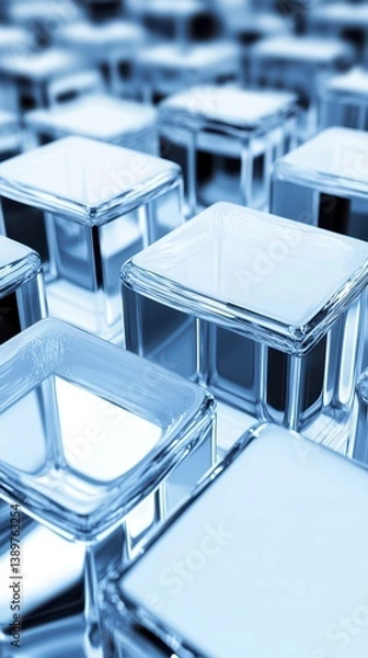 Fototapeta A collection of clear glass cubes is neatly arranged, creating an elegant pattern. The cubes reflect light beautifully, adding a modern touch to the environment