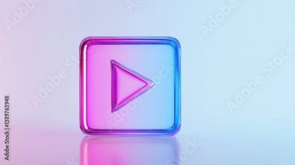 Fototapeta A glossy play button icon stands prominently against a smooth gradient background of blue and purple hues. Ideal for representing online content and multimedia