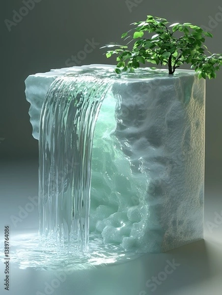 Obraz A unique formation combines a cascading waterfall emerging from a large block of ice with a small vibrant tree atop, creating a serene and enchanting atmosphere