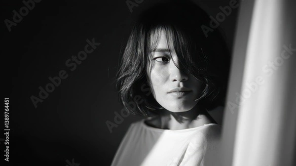 Fototapeta A woman stands in a dimly lit room, her short hair styled loosely. Soft light creates gentle shadows on her face, capturing a moment of quiet reflection and serene beauty