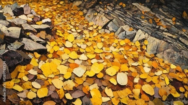 Obraz Yellow leaves in ravine. Generative AI