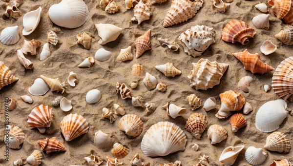 Fototapeta A Charming Display of Seashells on Beach Sand, Evoking Summer Memories