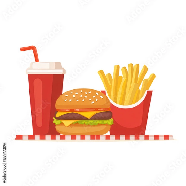 Fototapeta Fast food meal featuring a burger, fries, and a soft drink on a checkered tablecloth, all isolated on a white background.