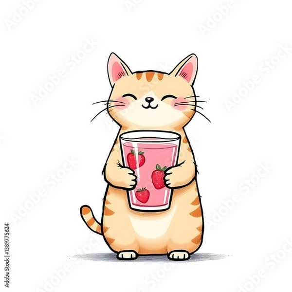 Obraz Adorable Orange Tabby Cat Enjoying Strawberry Smoothie Mascot Design