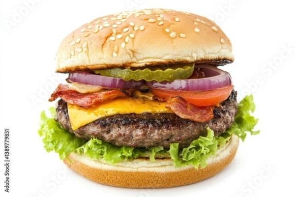 Fototapeta Juicy bacon cheeseburger with sesame bun crisp lettuce melted cheese juicy patty red onion pickles