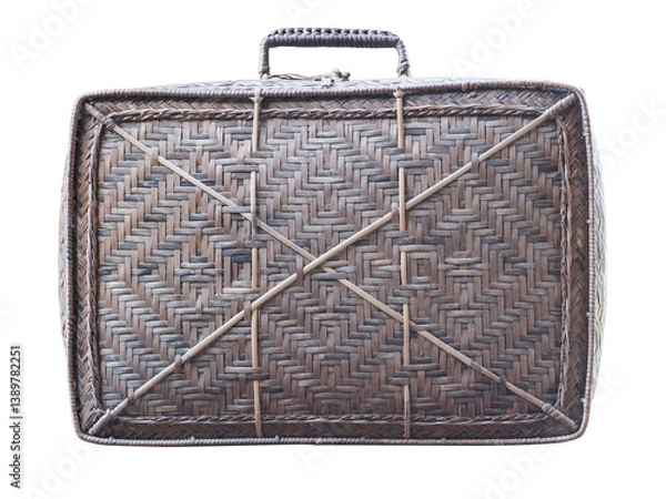 Obraz Old brown suitcase with a woven handle sits on transparent background.