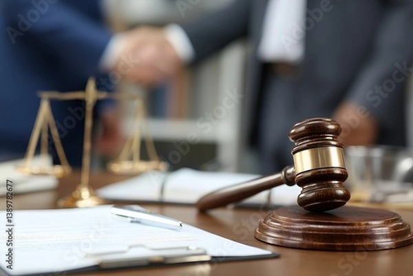 Obraz Close-up of a judge's gavel on a wooden table with legal documents and scales of justice in the background, blurred image of lawyers shaking hands, concept for law firm, legal services, justice