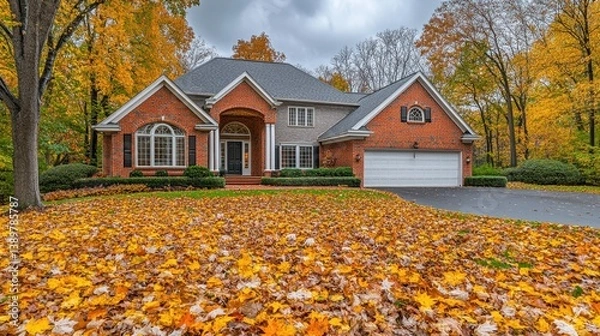 Obraz Classic American single story home with brick facade and white trim surrounded by autumn leaves