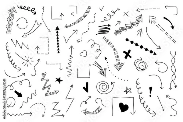 Fototapeta Hand-drawn doodle arrows collection. Sketchy arrows, swirls, lines, hearts, and symbols. Fun, playful style for infographics, presentations, planners, and creative design. Vector illustration.
