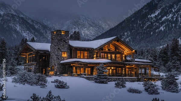 Fototapeta Mountain lodge with wooden beams and stone chimney in snowy landscape