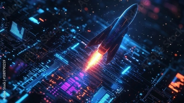 Obraz Space Technology Startup Launch Visualization with Glowing Rocket Trajectory and Futuristic Data Analytics Dashboard for Business Innovation Strategy