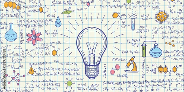 Fototapeta School background in chemistry .Light bulb glowing .Handwritten formulas background. Vector illustration .