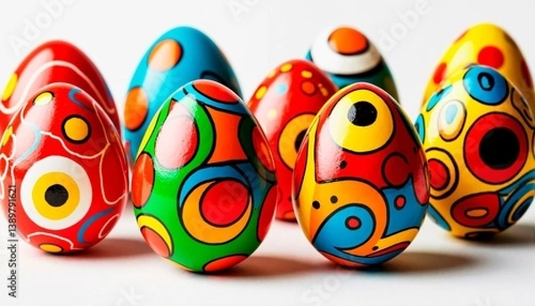 Fototapeta Brightly colored Easter eggs with abstract pattern on a white background