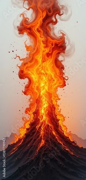 Fototapeta A massive blaze erupts from the earth, flames dancing wildly against the darkened sky. The fire's vibrant orange and yellow hues contrast sharply with the surrounding landscape, illuminating the area.