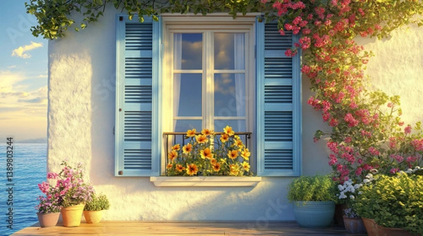 Fototapeta Charming seaside window with blue shutters and vibrant flowers