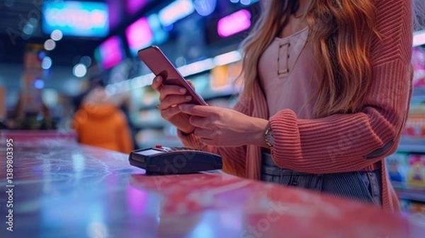 Fototapeta Mobile payment technology streamlines checkout process in modern retail setting