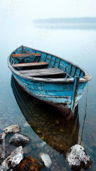 Obraz Tranquil Misty Lake with Solitary Boat at Dawn. AI generative.