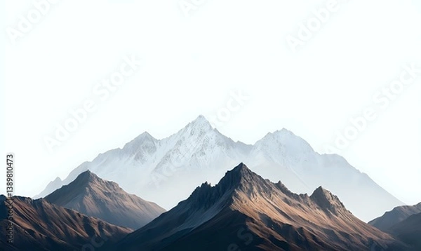 Fototapeta Majestic snow-capped mountain peaks rise above rugged brown ridges in dramatic morning light, creating a minimalist landscape with layered silhouettes.