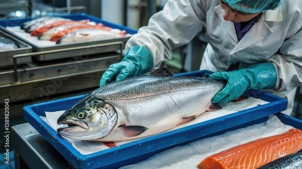 Obraz Fresh Salmon Preparation: A worker meticulously handles a fresh salmon in a modern food processing facility. The scene is captured with a sense of professional and precision