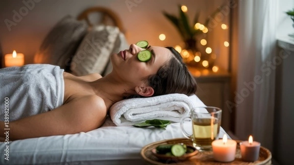 Obraz Spa Day Bliss: A woman enjoys a luxurious spa day, with cucumbers over her eyes, a symbol of relaxation and tranquility, embodying the perfect day of self-care.