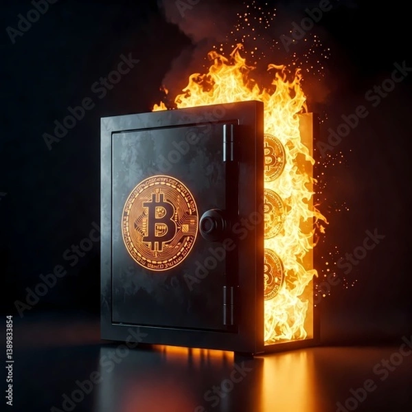 Fototapeta Bitcoin im Safe und es brennt. Abbildung eines brennenden Bitcoin-Kryptowährungssymbols
