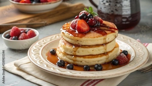 Fototapeta Pancakes with syrup and berries