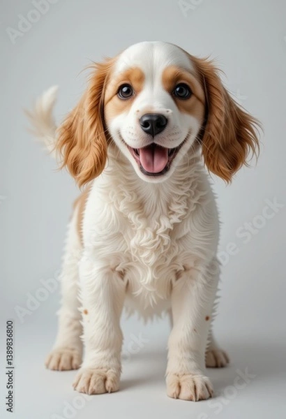 Fototapeta A playful small dog with a shiny coat and bright eyes, happily sticking its tongue out, exuding joy and energy as it sits on a grassy lawn under the warm sun.