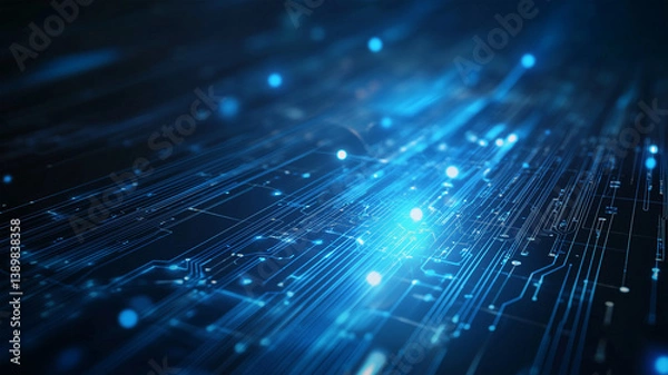 Fototapeta Blue light rays, circuit lines, and glowing dots on a dark background for a technology or digital concept.