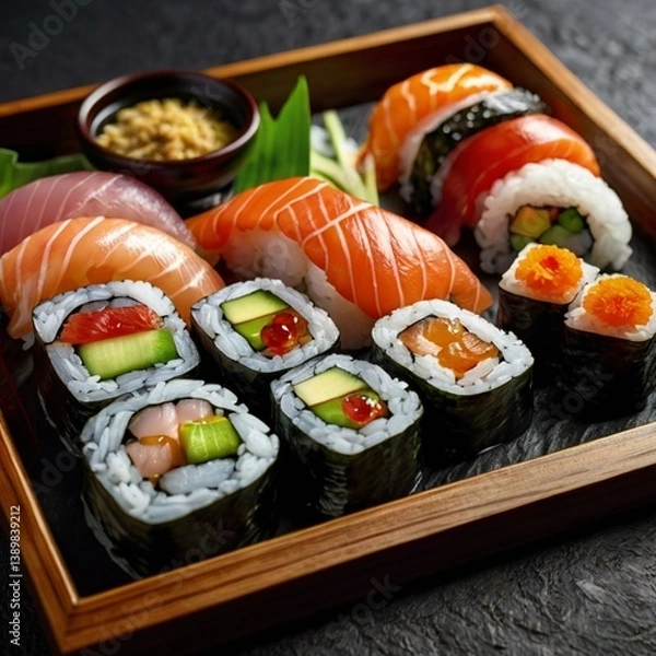 Obraz Assorted sushi platter with chopsticks ginger soy sauce wasabi arranged on stone black background in wooden box