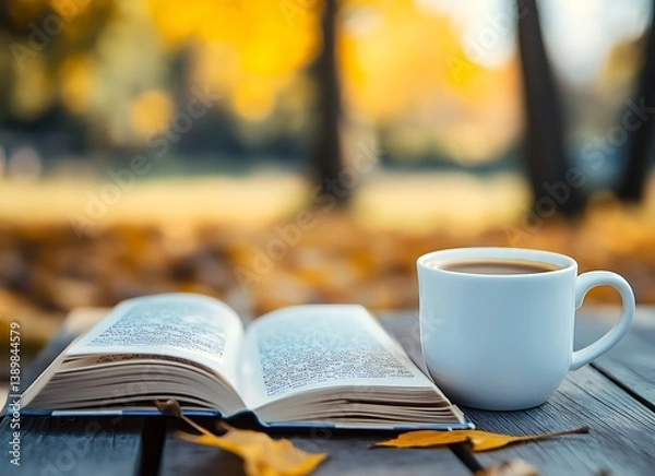 Obraz A cup of coffee and an open book on the table in an autumn park, with the focus on the books and a blurred background