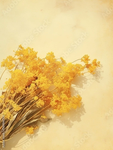 Fototapeta Vintage-Inspired Dried Osmanthus Bouquet on Pale Yellow Linen Texture. Abstract Marketing Background for Creative Design. Rustic Floral Element for Posters, Banners, and AI-Generated Wallpapers with C