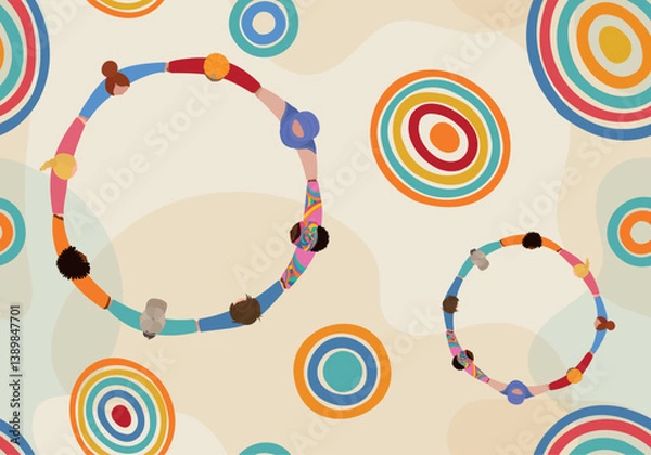 Obraz Seamless pattern - Poster showing a chain of multicultural people in a circle holding hands. Aerial view. Concept of unity, cooperation teamwork, community peace or environmental harmony