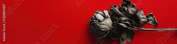 Fototapeta Elegant Dried Peony Bouquet on Soft Red Linen Texture: Vintage-Inspired Abstract Marketing Background. Creative Design Element for Posters, Banners, and AI-Generated Wallpapers with Copy Space.