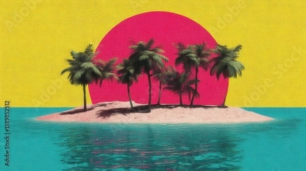 Fototapeta Pixel art of a tropical island at sunset with palm trees, pink sun, and teal water. 