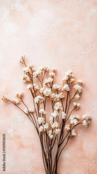 Fototapeta Elegant Dried Plum Blossom Bouquet on Soft Pink Linen: Vintage-Inspired Abstract Marketing Background. Creative Design Element for Posters, Banners, and AI-Generated Wallpapers with Copy Space.