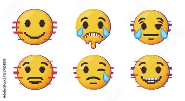 Fototapeta Various yellow emoji faces displaying different emotions with glitch effect on a white background