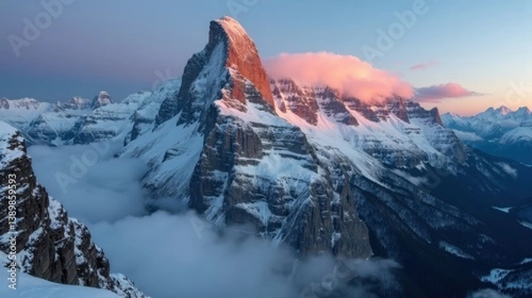 Fototapeta Aiguille du Midi in France captured from above during a cool, rainy winter dawn, highlighting its majestic height.