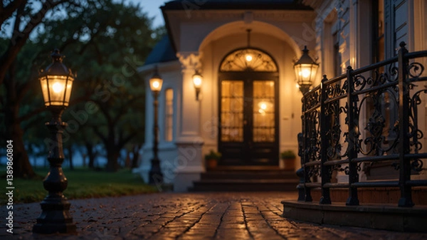 Fototapeta A grand Victorian mansion porch with intricate wrought iron railings, polished wooden floors, and warm gas lanterns, late evening glow,