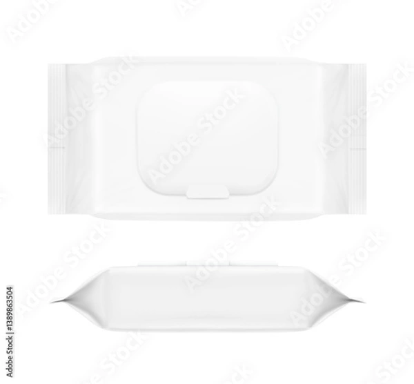 Fototapeta Wet wipes package bag mockup with realistic shadow. Vector illustration isolated on white background. Can be use for your design, promo, adv and etc. EPS10.