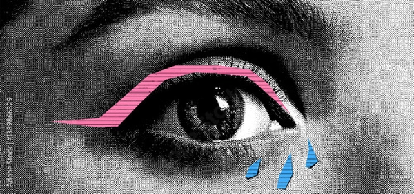 Obraz Tearful cry with halftone eyes and abstract arrows—an emotional pop design blending grunge, sadness, and visual rebellion