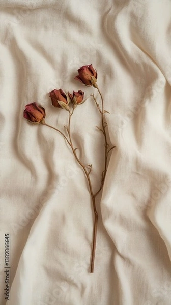 Fototapeta Vintage-Inspired Dried Rose Bouquet on Light Brown Linen: Abstract Marketing Background with Copy Space. Creative Design Element for Posters, Banners, and AI-Generated Wallpapers. Elegant Floral Compo