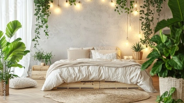 Fototapeta Inviting bohemian bedroom retreat with soft natural light and organic textures for rest and relaxation