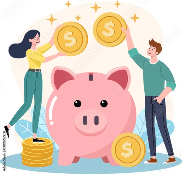 Obraz Illustration of a financial savings concept featuring a large pink piggy bank at the center surrounded by stacks of gold coins.