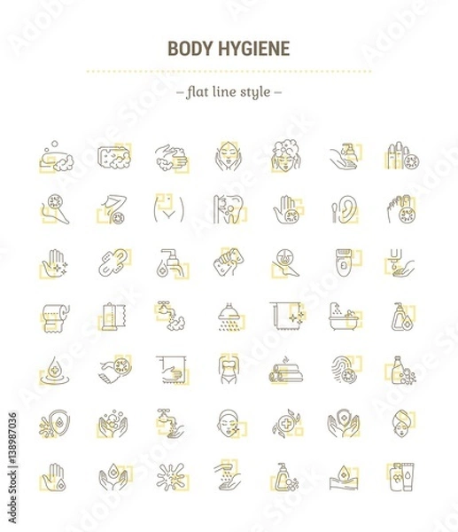 Fototapeta Vector graphic set.Icons in flat, contour,thin, minimal and linear design.Care of body.Hygiene products.Body wash, epilation, depilation, peeling.Simple isolated icons.Concept sign,symbol,element.
