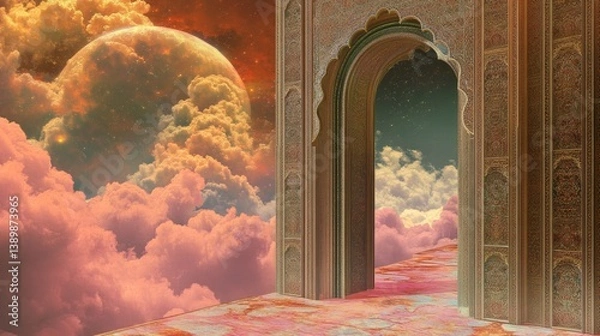 Fototapeta A surreal archway leads to a celestial realm beyond pink clouds